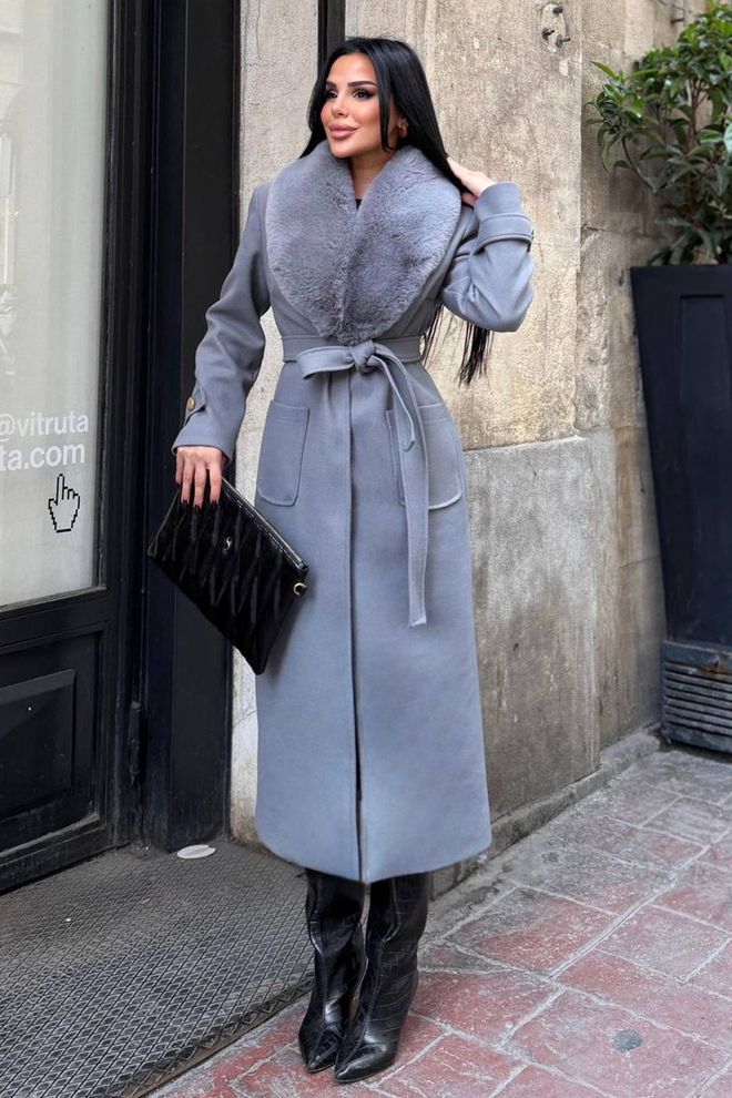 Mode Roy Eleganter Grauer Wrapover Mantel Mit Gekerbtem Kragen Großhandelskleidung Modest