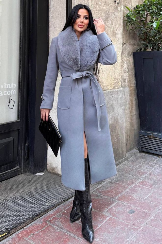 Mode Roy Elegant Grey Wrapover Coat With Notched Collar Wholesale Clothing 1