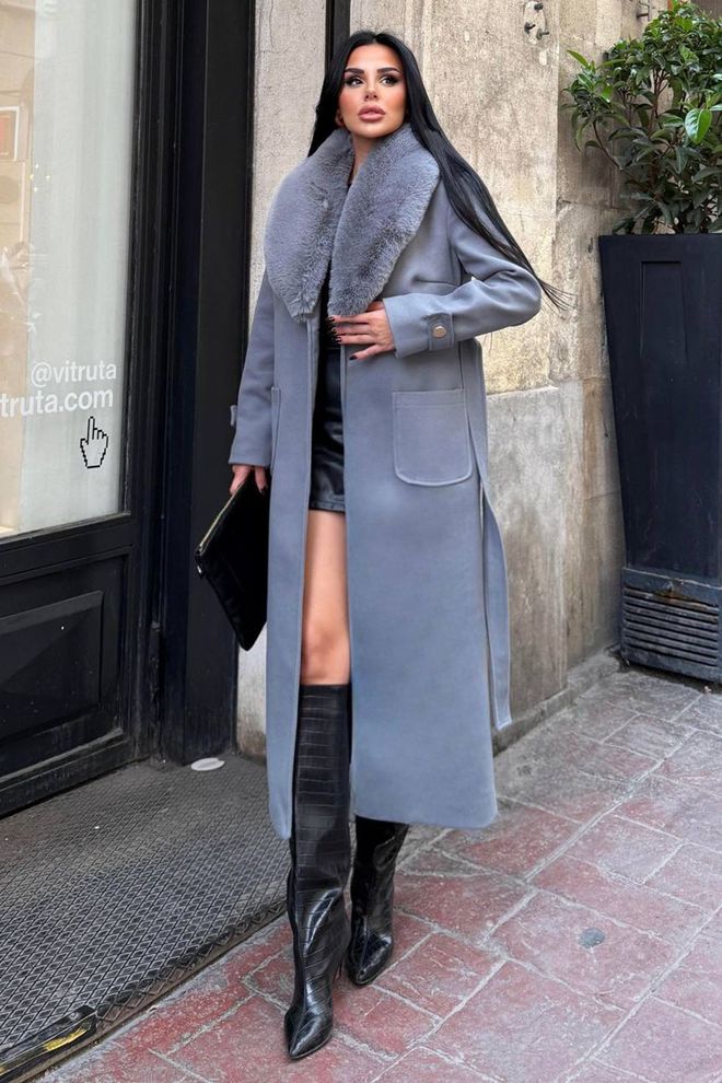 Mode Roy Elegant Grey Wrapover Coat With Notched Collar Wholesale Clothing Work