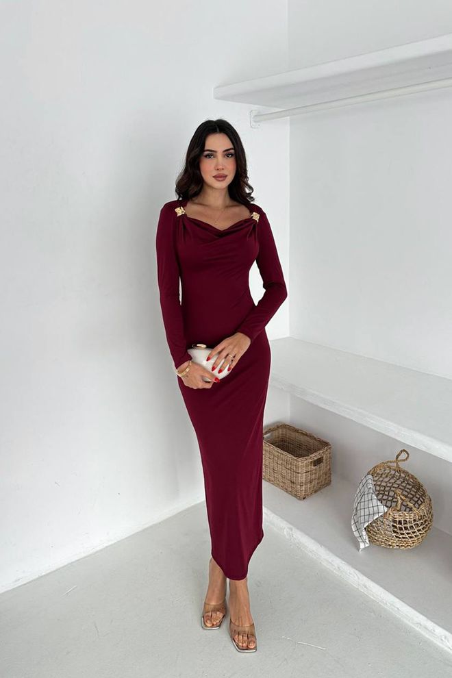 Mode Roy Vestido De Vaina Elegante Rojo Clarete Con Cuello Redondo Ropa al por mayor Sexy