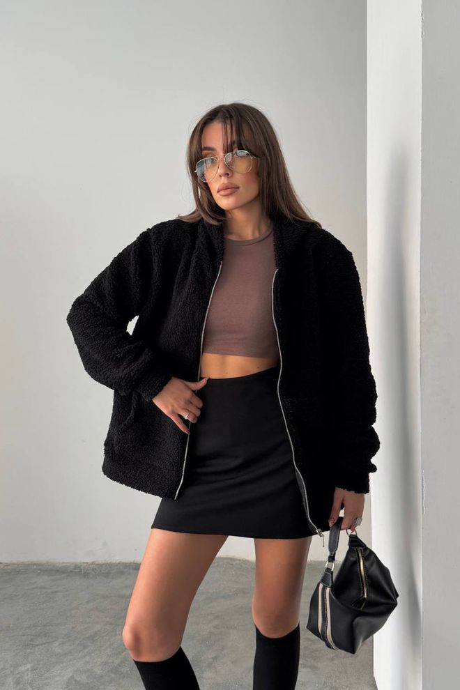 Mode Roy Čierna Oversized Bunda S Kapucňou A Zipsom Veľkoobchod s oblečením Skromný