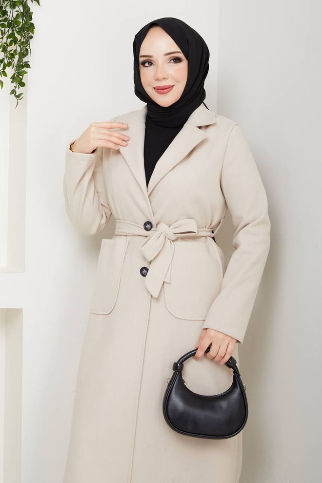 Mode Roy Бежевое Элегантное Узкое Пальто С Однобортной Застежкой Оптовая продажа одежды Скромный