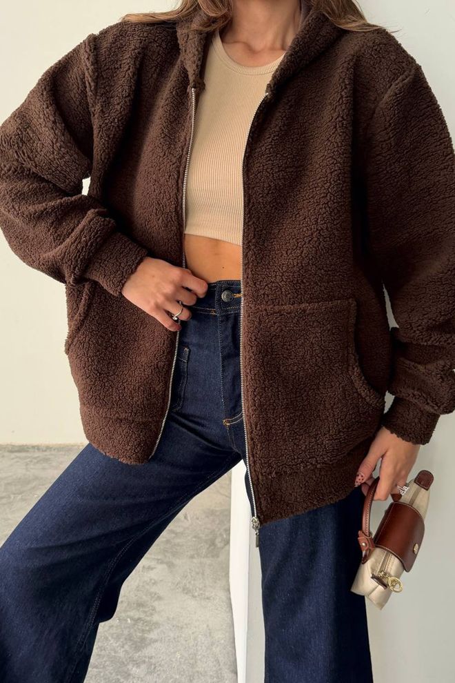 Mode Roy Кафяво Яке С Качулка Oversized Fit И Цип Дрехи на едро Небрежен