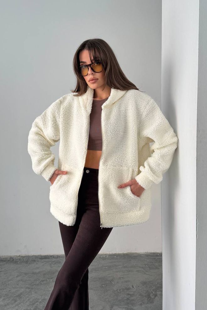 Mode Roy Бела Теди Јакна Са Банд Оковратником И Зипом Велепродаја одеће Неформалан