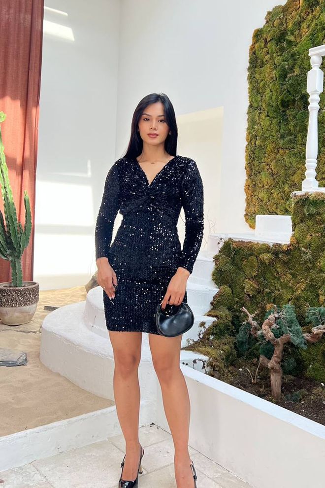 Mode Roy Vestido Negro Sexy Glam Elegante Formal Bodycon Mini Con Lentejuelas Mangas Largas Rectas Escote En V Ropa al por mayor Sexy