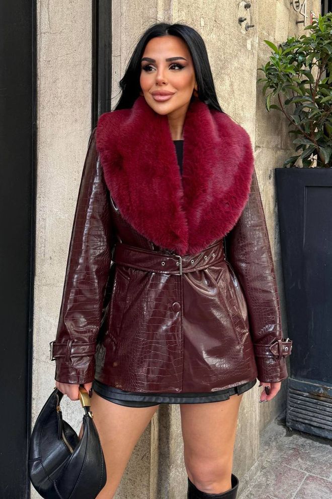 Mode Roy Палто Бордо С Тънък Спортен Силует И Едноредово Палто С Кожа Дрехи на едро Небрежен