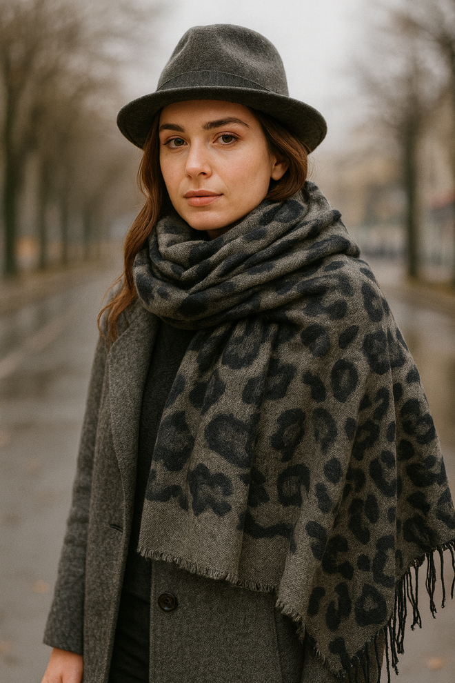 Mode Roy Grey Animal Print Shawl For Fall & Winter Wholesale Clothing Casual