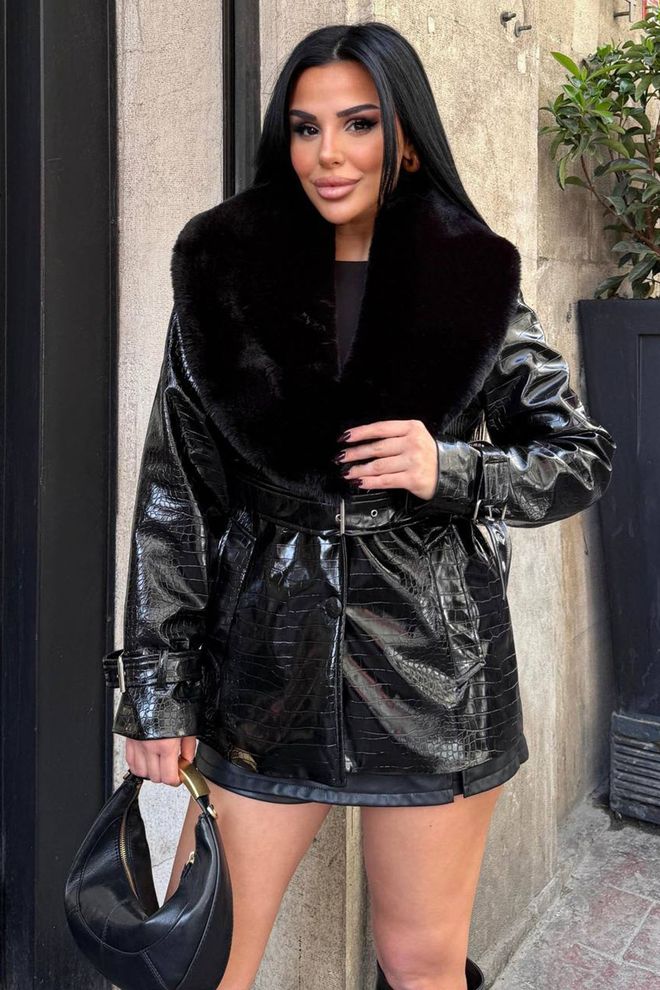 Mode Roy Черно Едноредно Кожено Палто С Животински Принт Дрехи на едро Секси