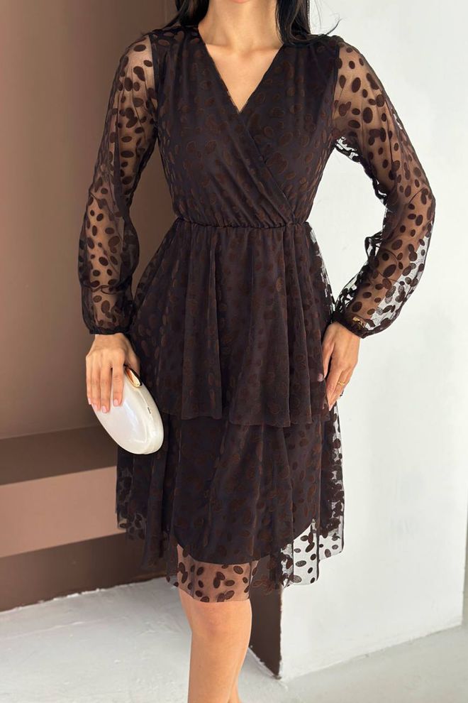 Mode Roy Vestido Negro Con Lunares Ajustado Y Acampanado Cuello En V Y Manga Larga Ropa al por mayor Antiguo