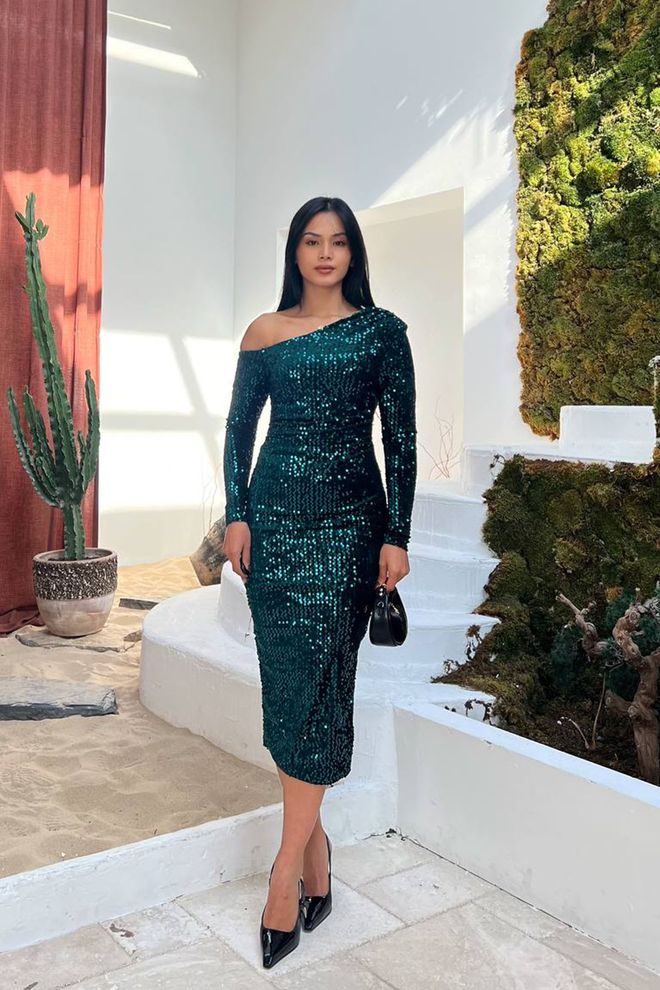 Mode Roy Зелена Бодикон Миди Хаљина Са Шљокицама И Вратом На Једно Раме Велепродаја одеће Секси