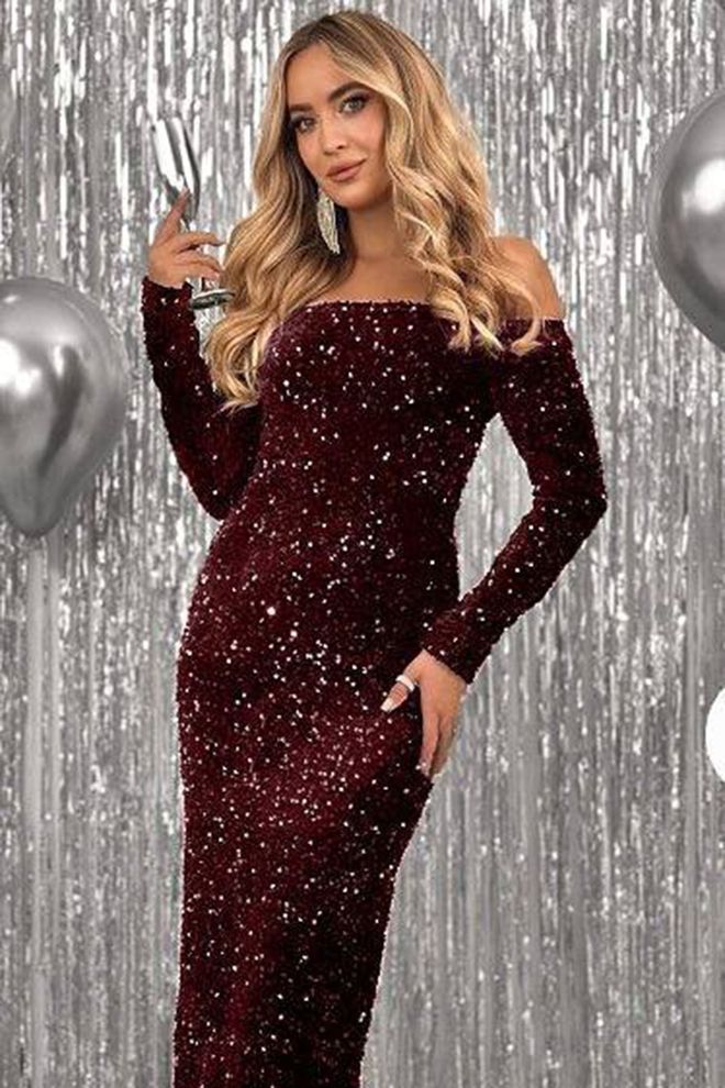 Mode Roy Бордо Црвена Секуинед Глам Бодицон Хаљина Велепродаја одеће Секси