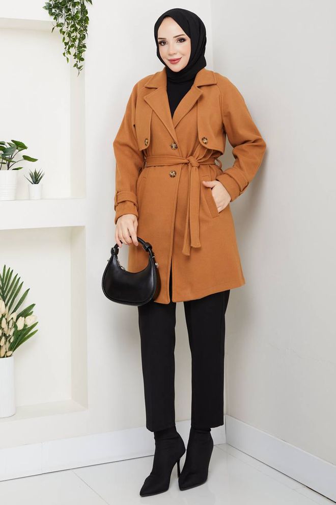 Mode Roy Коричневое Элегантное Однобортное Пальто С Запахом Оптовая продажа одежды Скромный