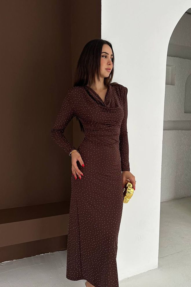 Mode Roy Elegant Brown Polka Dot Maxi Sheath Dress Wholesale Clothing Formal