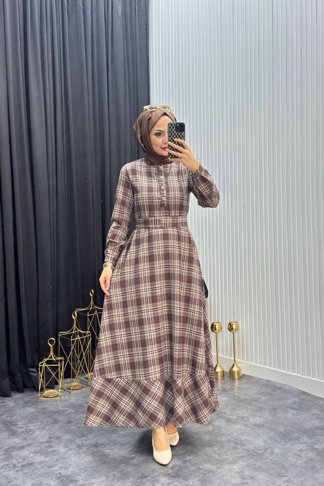 Mode Roy Brown Checkered A Line Floor Length Dress Wholesale Clothing Modest