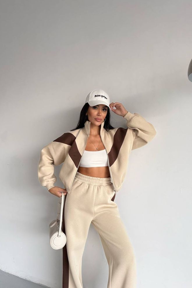 Mode Roy Beige Color Block Oversized Fit Tracksuit With Hood Wholesale Clothing Casual