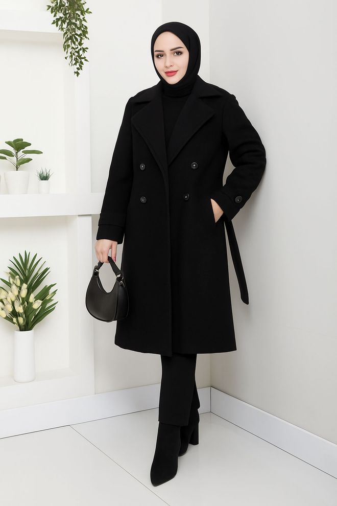 Mode Roy Haină Lungă Neagră Cu Două Rânduri De Nasturi Și Guler Crestat Îmbrăcăminte cu ridicata Conservator