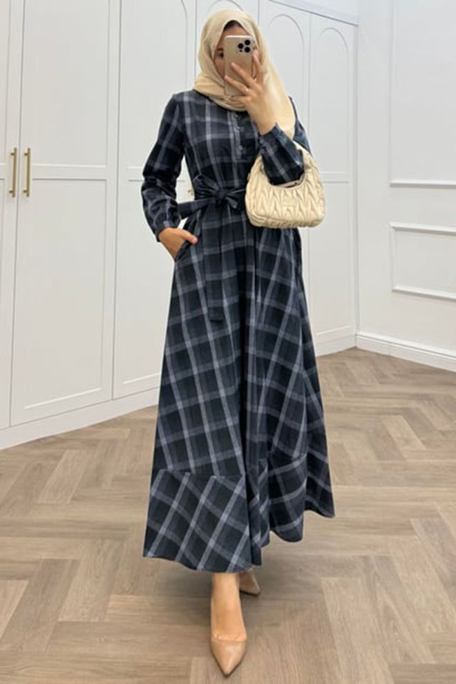 Mode Roy Black Checkered A Line Dress With Long Sleeves Wholesale Clothing Modest