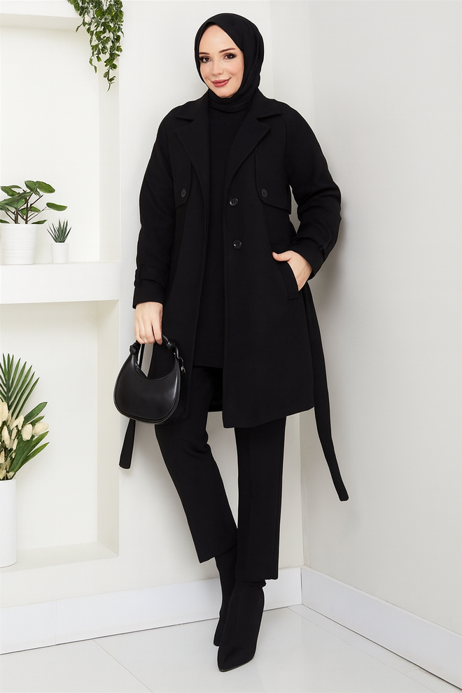 Mode Roy Haină Neagră Elegantă Cu Nasturi Și Design Petrecut Îmbrăcăminte cu ridicata Conservator