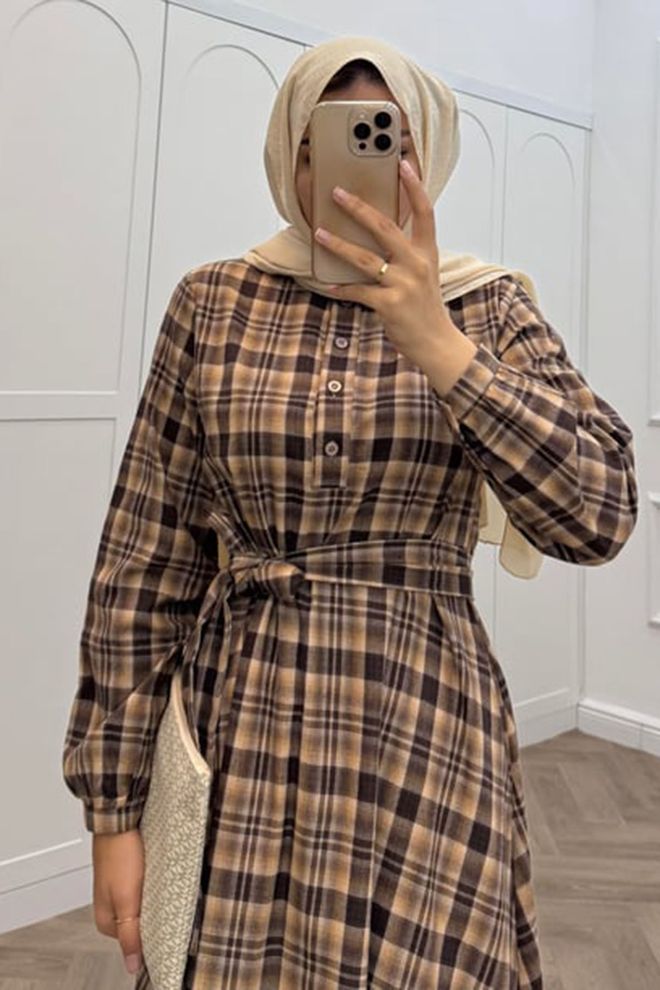 Mode Roy Vestido Camisa Castanho Modesto Xadrez Roupas por atacado Modesto