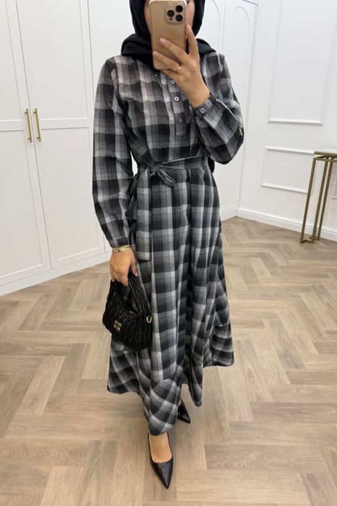 Mode Roy Black Checkered A Line Modest Dress Wholesale Clothing Modest