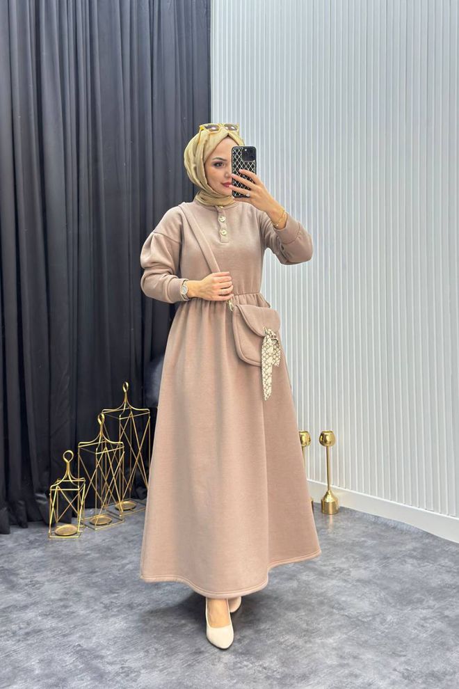 Mode Roy Beige Fit And Flare Dress With Shawl Collar Wholesale Clothing Modest