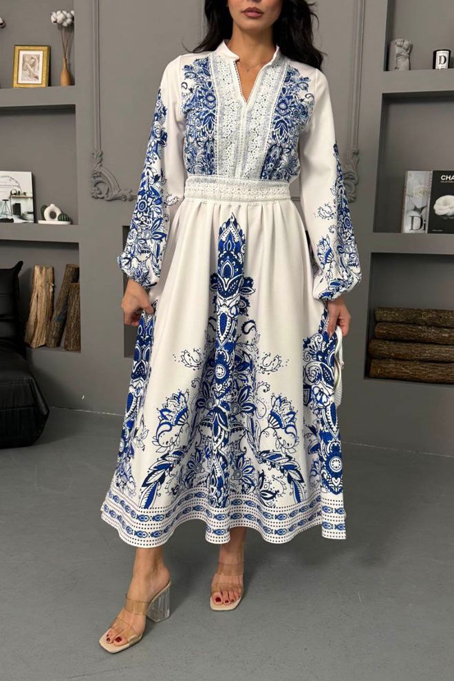 Mode Roy Biele Maxi Áčkové Šaty S Kvetinovým Vzorom Veľkoobchod s oblečením Skromný
