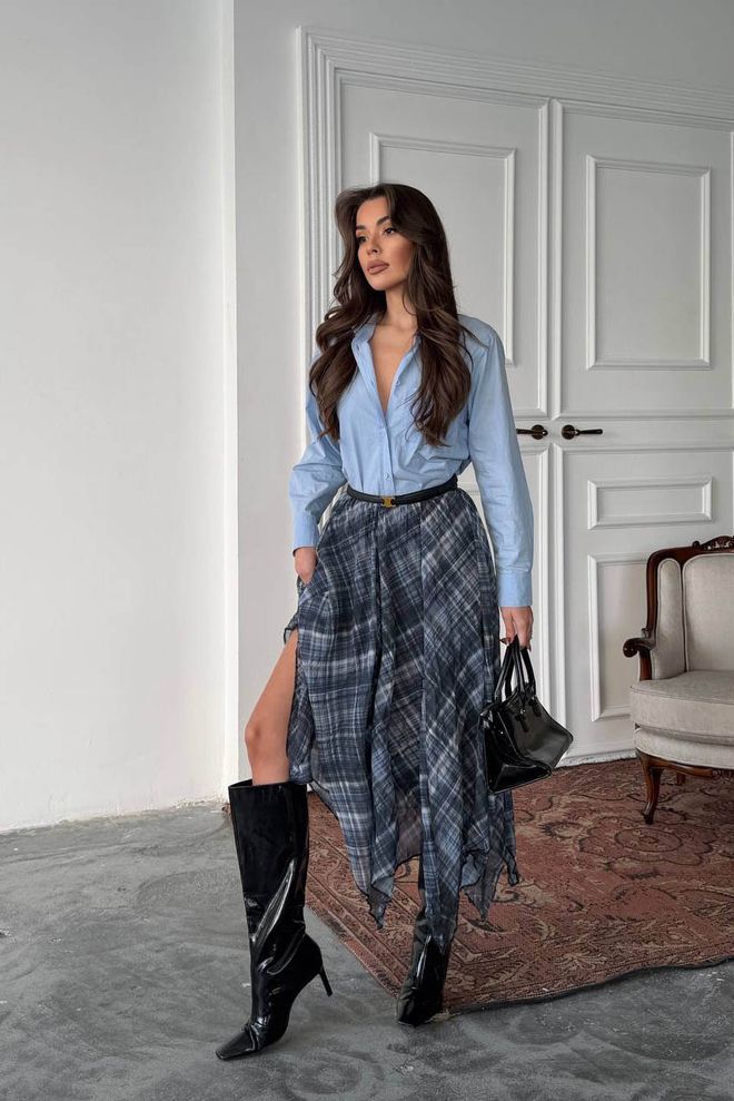 Mode Roy Patterned Asymmetric Cut Slit Chiffon Full Length Skirt Blue Wholesale Clothing 0