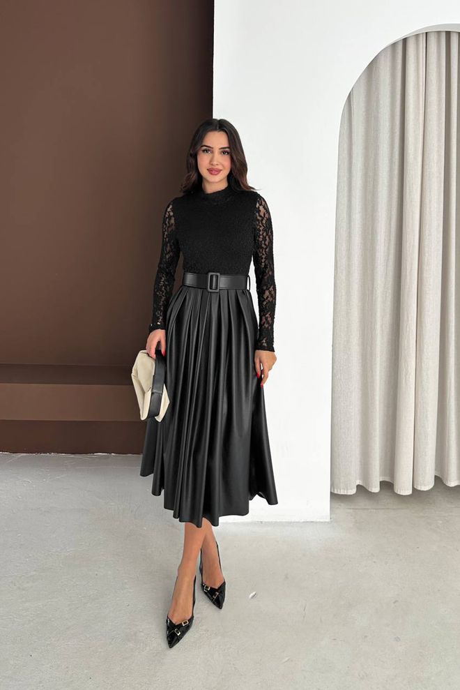Mode Roy Pleated Full Length Faux Leather Skirt With Belt Black Wholesale Clothing 0