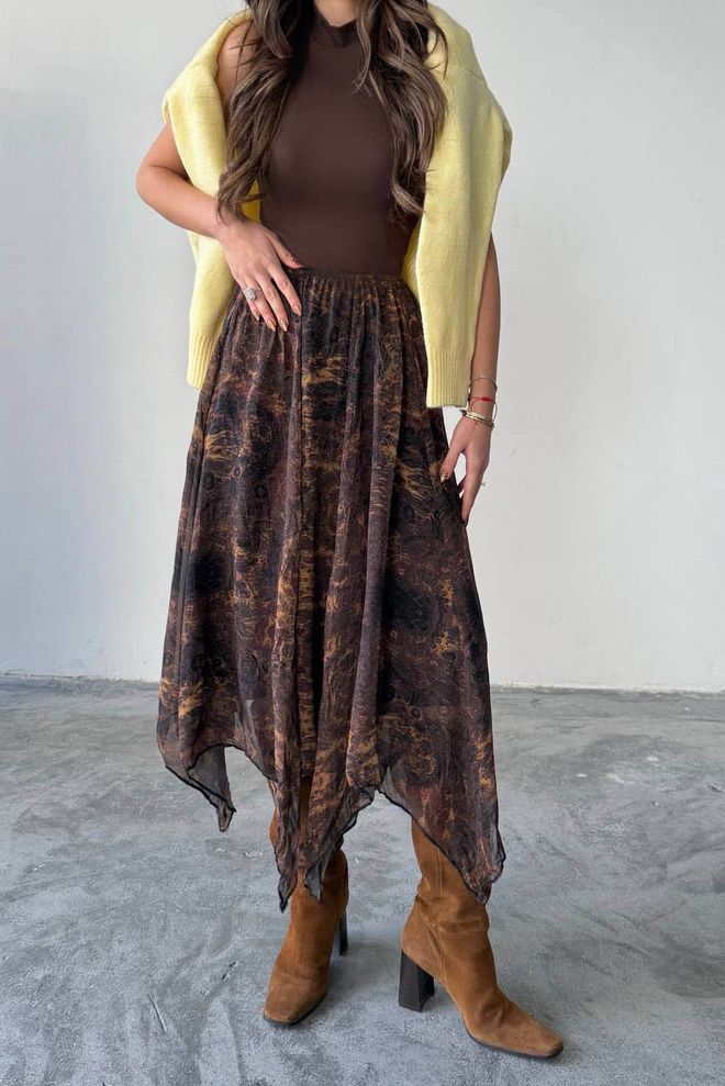 Mode Roy Patterned Asymmetric Cut Slit Chiffon Full Length Skirt Brown Wholesale Clothing 0