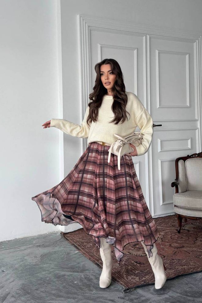 Mode Roy Patterned Asymmetric Cut Slit Chiffon Full Length Skirt Pink Wholesale Clothing 0