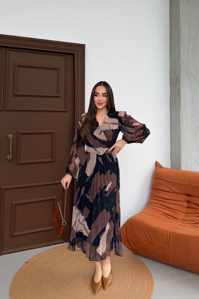 Mode Roy Elegant Brown Wrap Dress With V Neck Wholesale Clothing 1