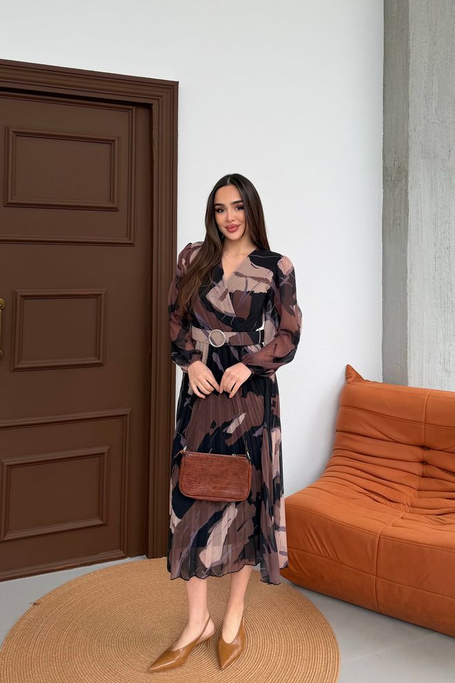 Mode Roy Elegant Brown Wrap Dress With V Neck Wholesale Clothing Work