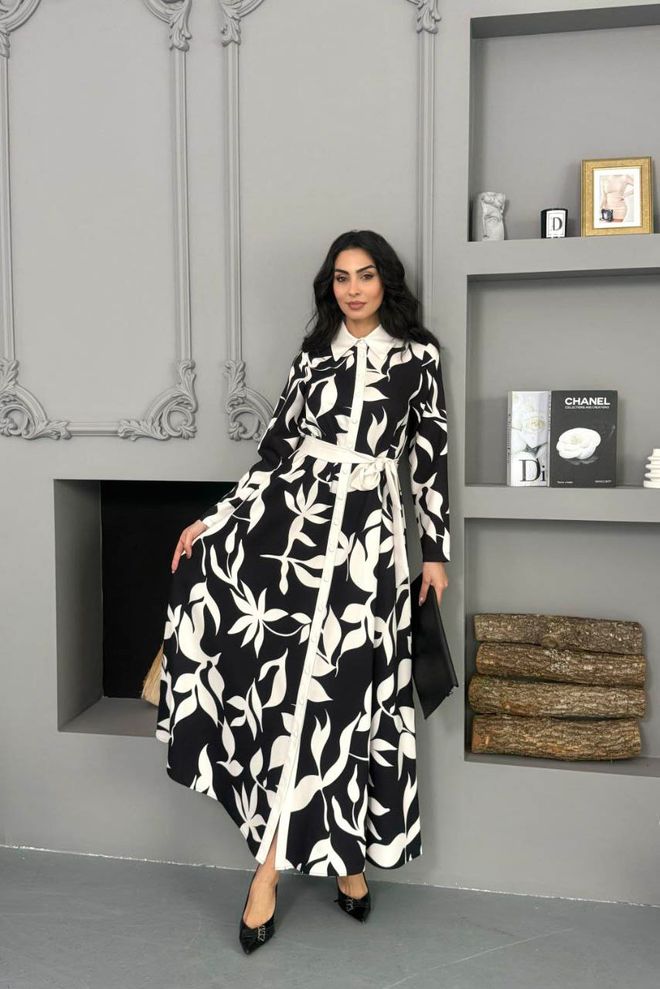 Mode Roy Elegantné Čierne Kvetované Košeľové Šaty S Polo Výstrihom Veľkoobchod s oblečením Skromný