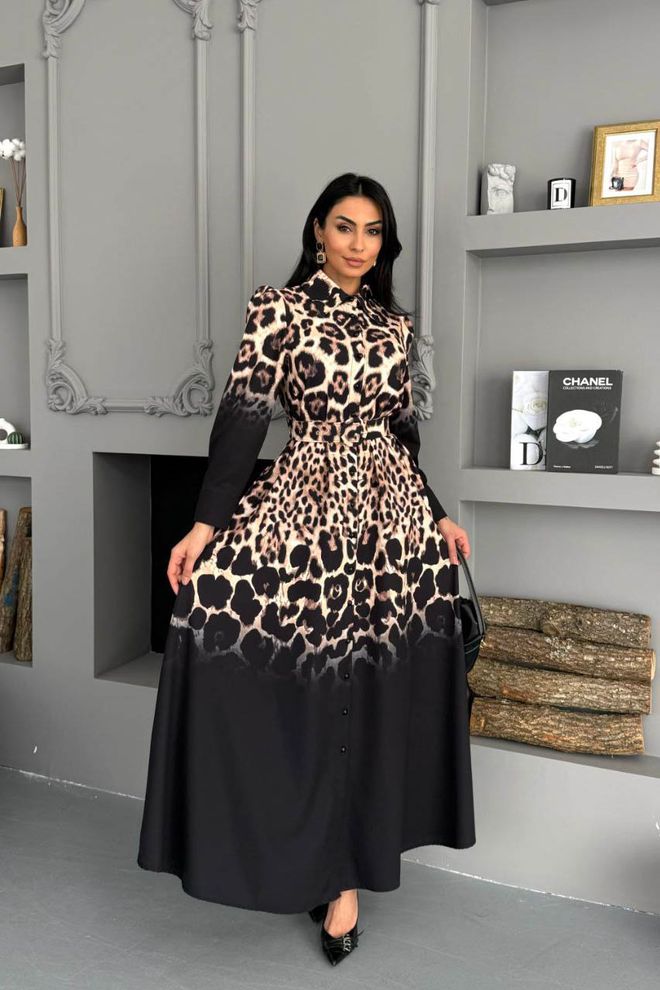 Mode Roy Čierne Formálne Elegantné Košeľové Šaty So Zvieracou Potlačou Veľkoobchod s oblečením Formálny