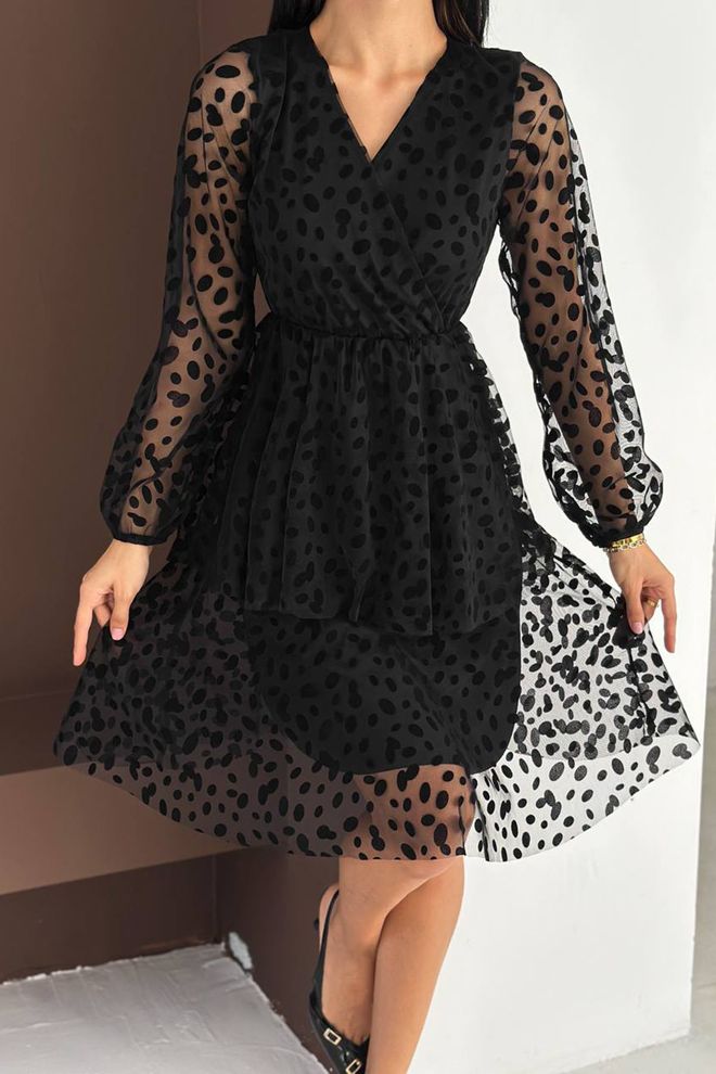 Mode Roy Elegantné Čierne Bodkované Zavinovacie Šaty S V výstrihom Veľkoobchod s oblečením Vintage