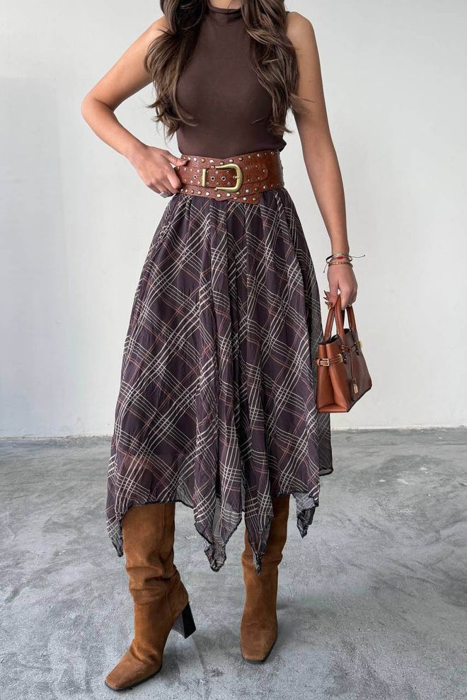 Mode Roy Patterned Asymmetric Cut Slit Chiffon Full Length Skirt Mink Wholesale Clothing 0