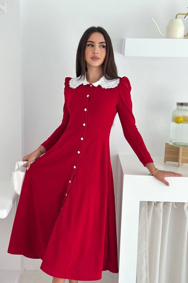 Mode Roy Eleganti Raudona Fit And Flare Midi Suknelė Didmeninė prekyba drabužiais Apykaklė su įkirpimu