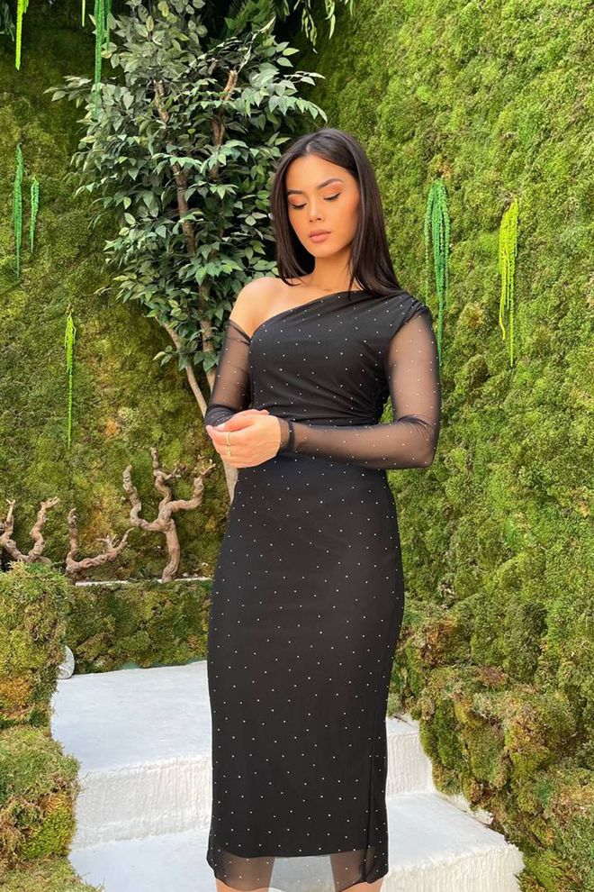 Mode Roy Eleganti Juoda Su Blizgučiais Su Viena Petne Bodycon Midi Suknelė Didmeninė prekyba drabužiais Čiuožėjos