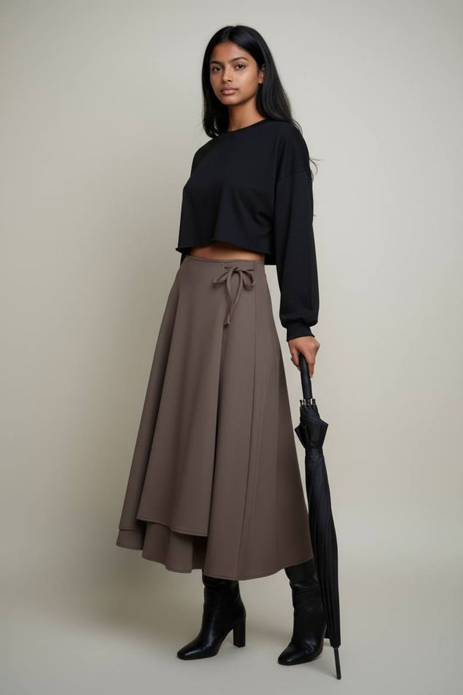 Mode Roy Ruda Midi Apvyniojama Sijonas Su Kaklaraiščio Užsegimu Didmeninė prekyba drabužiais Apykaklė su įkirpimu