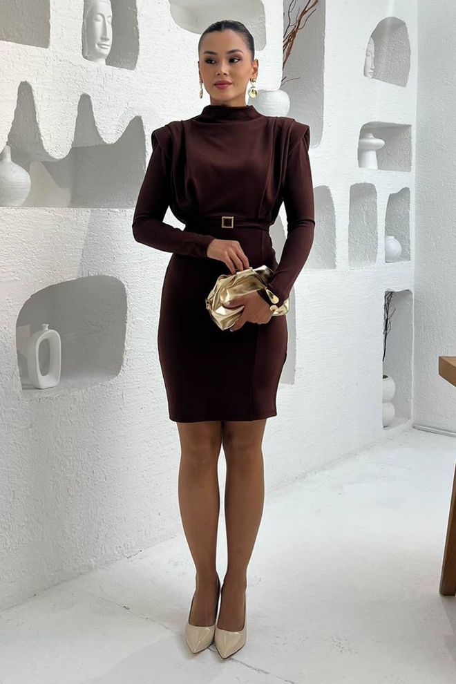 Mode Roy Eleganti Ruda Kūno Formos Suknele Su Aukštu Kaklu Didmeninė prekyba drabužiais Čiuožėjos