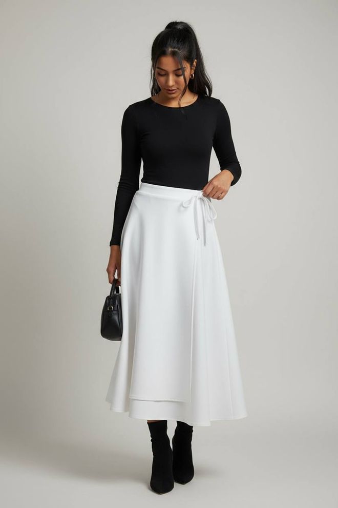 Mode Roy Balta Eleganti Midi Sijonas Su Kaklaraiščiu Didmeninė prekyba drabužiais Kokteilinė