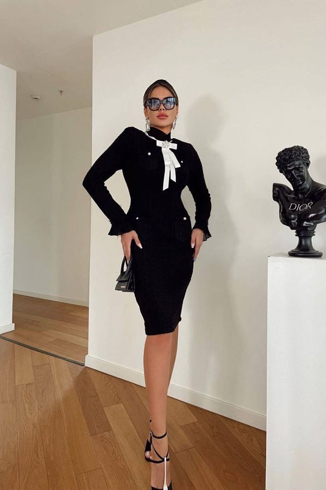 Mode Roy Vestido Bainha Formal Elegante Preto Com Mangas Compridas Roupas por atacado 1