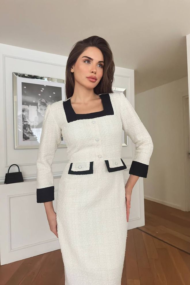 Mode Roy Vestido Bainha Branco Elegante Formal Com Decote Quadrado E Manga Reta Normal Comprimento Midi Roupas por atacado Formal