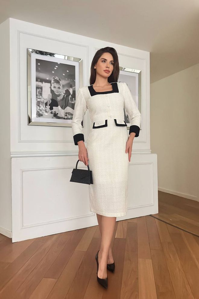Mode Roy Vestido Bainha Branco Elegante Formal Com Decote Quadrado E Manga Reta Normal Comprimento Midi Roupas por atacado 1