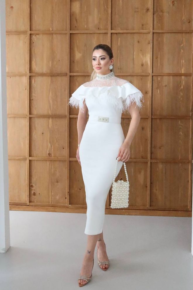 Mode Roy Balta Eleganti Formali Glam Midi Pieštuko Su Trumpomis Tiesiomis Rankovėmis Ir Aukštu Kaklu Didmeninė prekyba drabužiais Išleistuvės