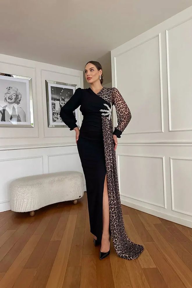 Mode Roy Vestido Bodycon Elegante Negro Con Estampado De Leopardo Ropa al por mayor Formal