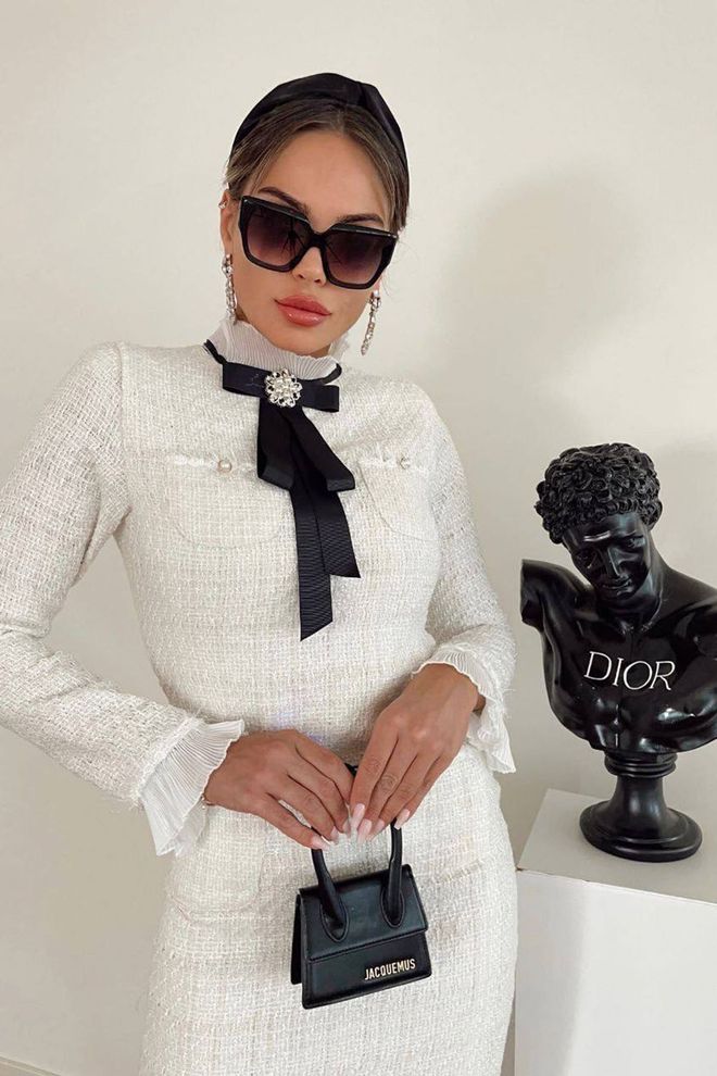 Mode Roy Vestido Bainha Branco Elegante Com Gola Alta E Mangas Compridas Roupas por atacado Trabalho