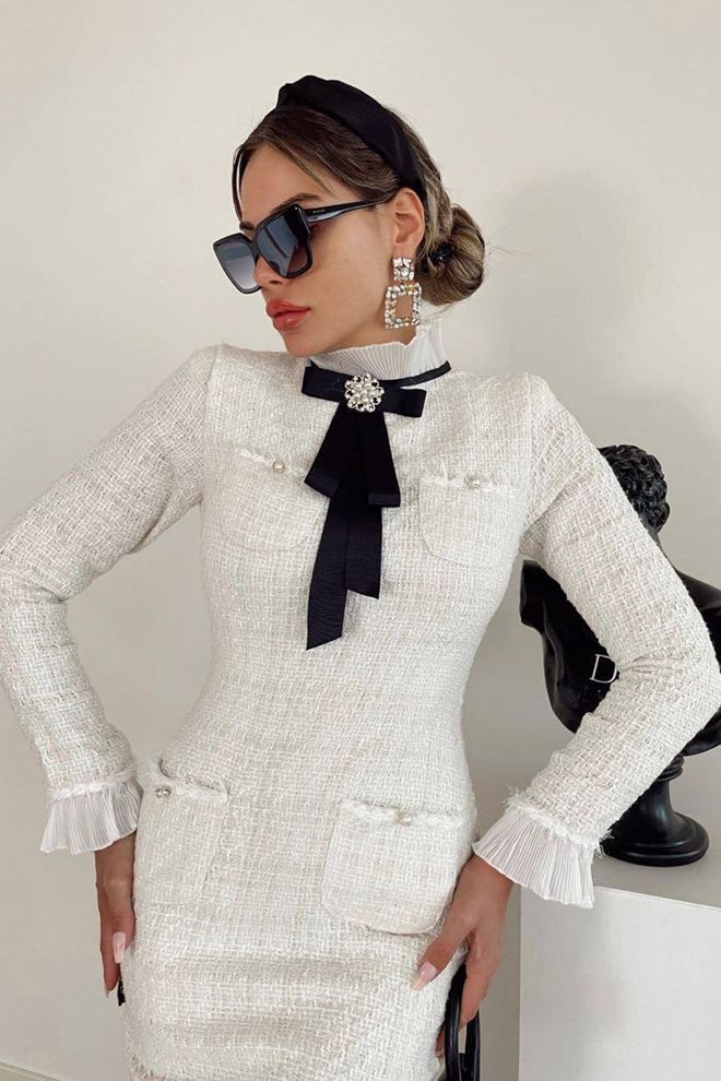 Mode Roy Vestido Bainha Branco Elegante Com Gola Alta E Mangas Compridas Roupas por atacado Modesto