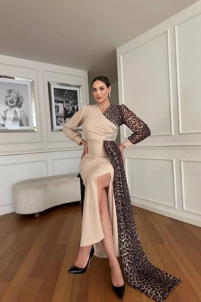 Mode Roy Elegante Vestido Beige Tipo Vaina Con Estampado De Leopardo Ropa al por mayor Formal