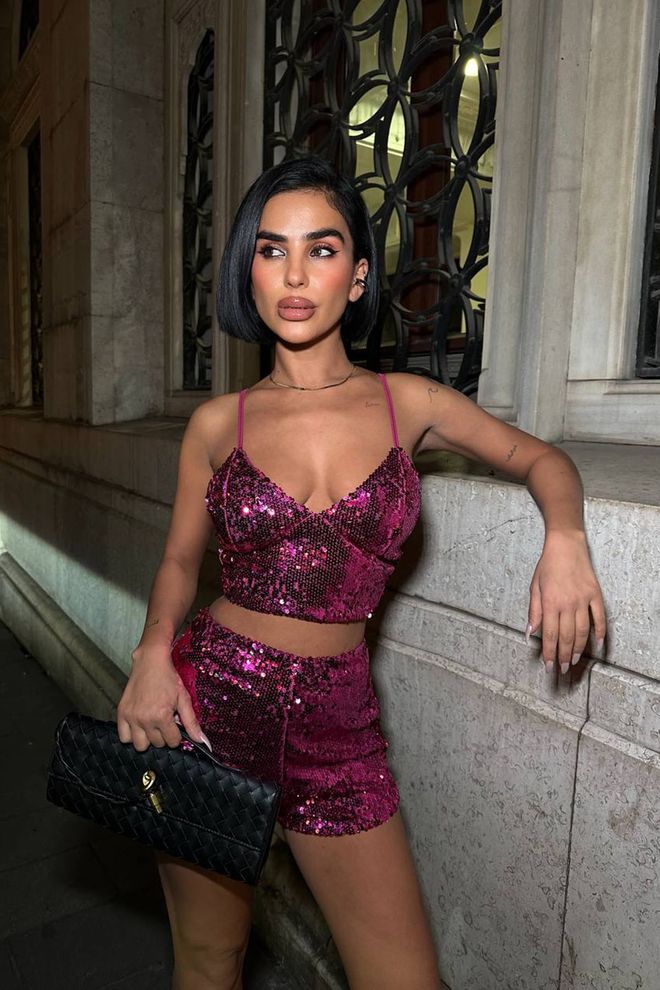 Mode Roy Σετ Σέξι Glam Φούξια Με Sequined Paper Bag Σορτς Χονδρικό εμπόριο ενδυμάτων Casual